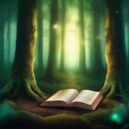 Create a captivating book cover featuring an enchanting forest with a mystical aura