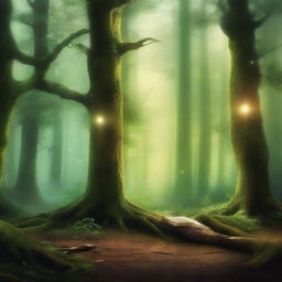 Create a captivating book cover featuring an enchanting forest with a mystical aura