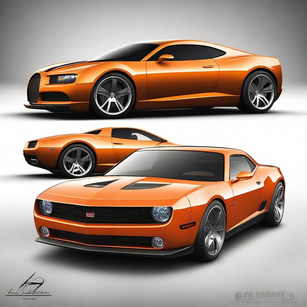 Create an image of a hybrid car that is a mix of a Bugatti Veyron and a vintage Chevrolet Camaro