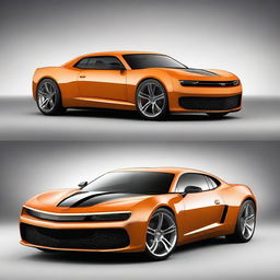 Create an image of a hybrid car that is a mix of a Bugatti Veyron and a vintage Chevrolet Camaro