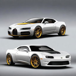 Create an image of a hybrid car that is a mix of a Bugatti Veyron and a vintage Chevrolet Camaro