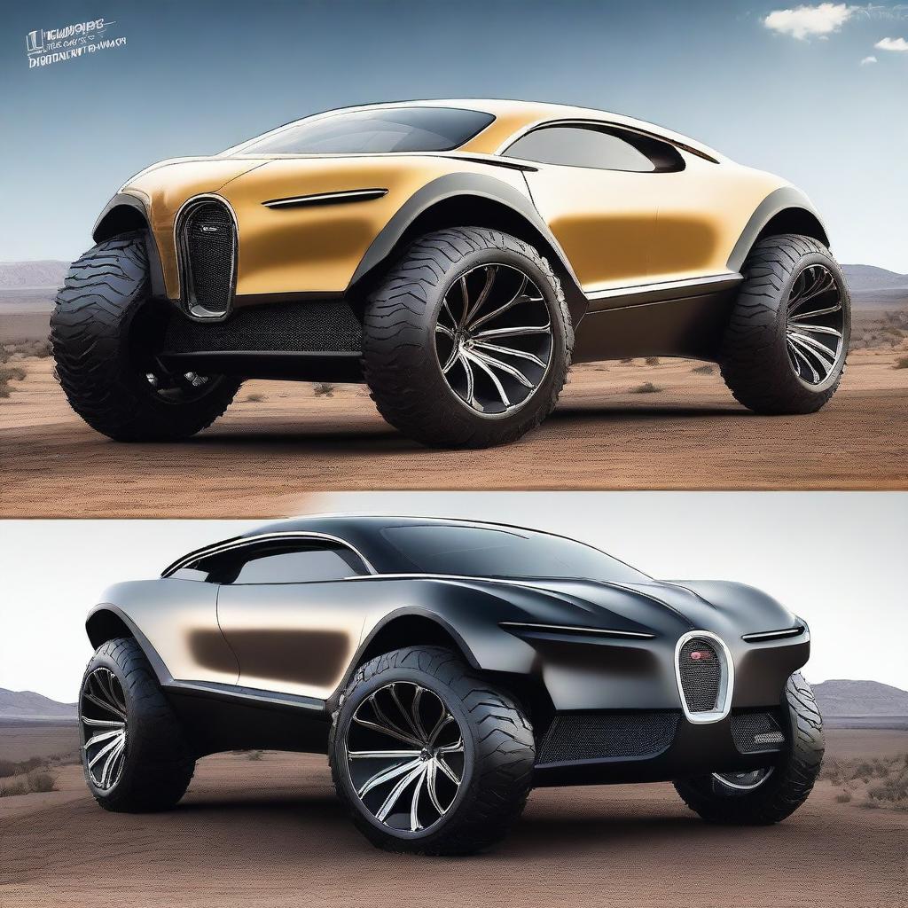 A creative and futuristic vehicle design that combines elements of a Bugatti and a Jeep