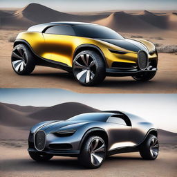 A creative and futuristic vehicle design that combines elements of a Bugatti and a Jeep