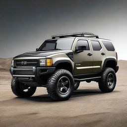 Create an image of a vehicle that is a hybrid between a Mustang and a Hummer