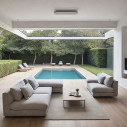 A living room with oak parquet flooring, white walls, beige sofas with grey cushions, and a suspended luminaire, overlooking a serene swimming pool.