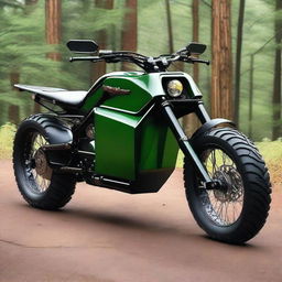 A unique vehicle that is a hybrid between a Hummer and a chopper motorcycle, painted in forest colors