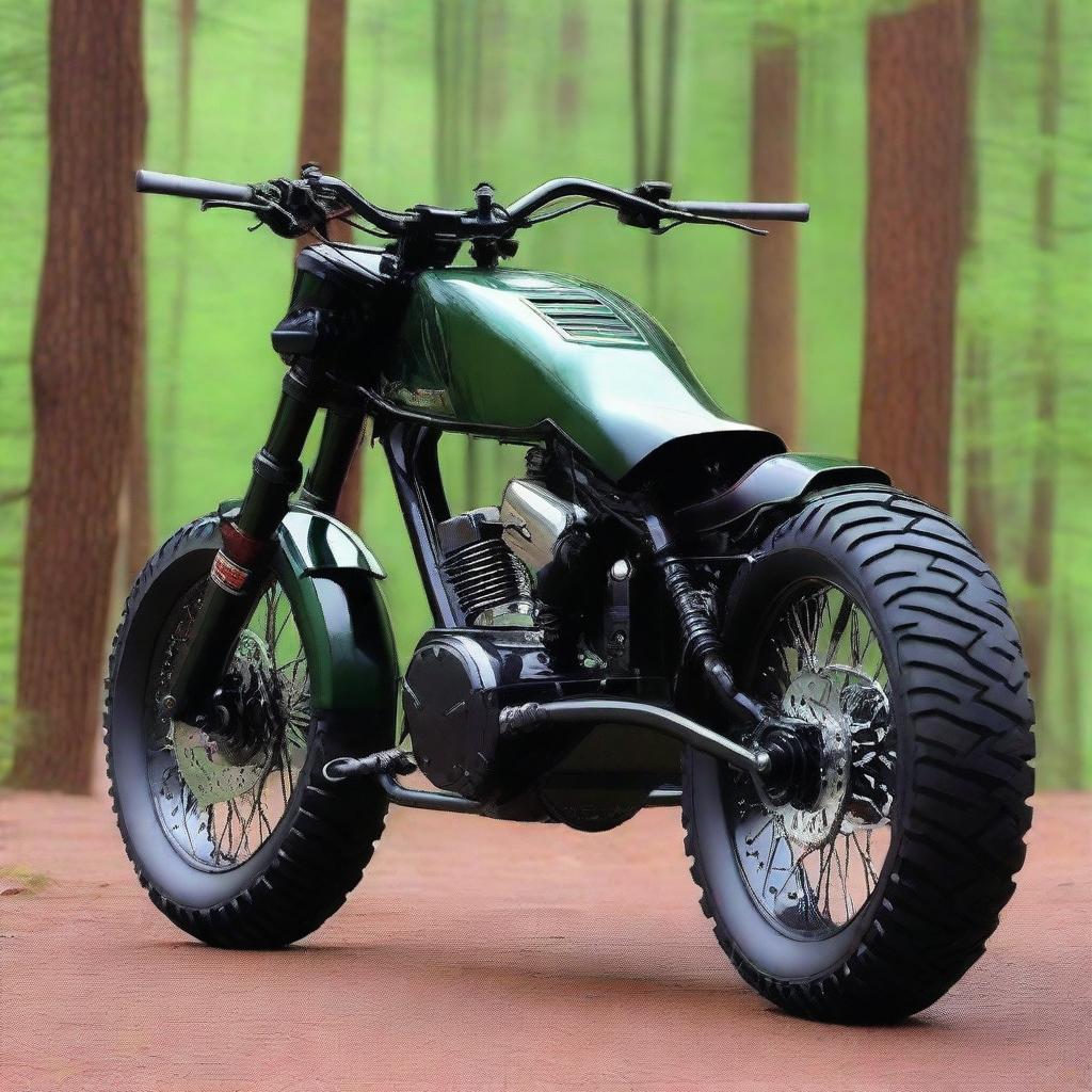 A unique vehicle that is a hybrid between a Hummer and a chopper motorcycle, painted in forest colors