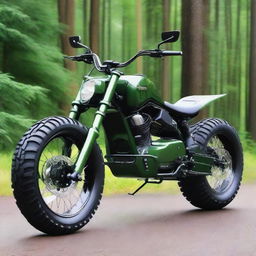 A unique vehicle that is a hybrid between a Hummer and a chopper motorcycle, painted in forest colors