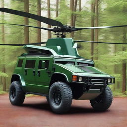 A unique vehicle that is a hybrid between a Hummer and a helicopter, painted in forest colors