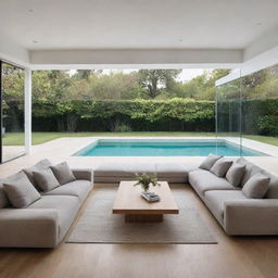 A living room with oak parquet flooring, white walls, beige sofas with grey cushions, and a suspended luminaire, overlooking a serene swimming pool.