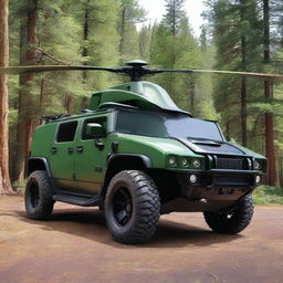 A unique vehicle that is a hybrid between a Hummer and a helicopter, painted in forest colors