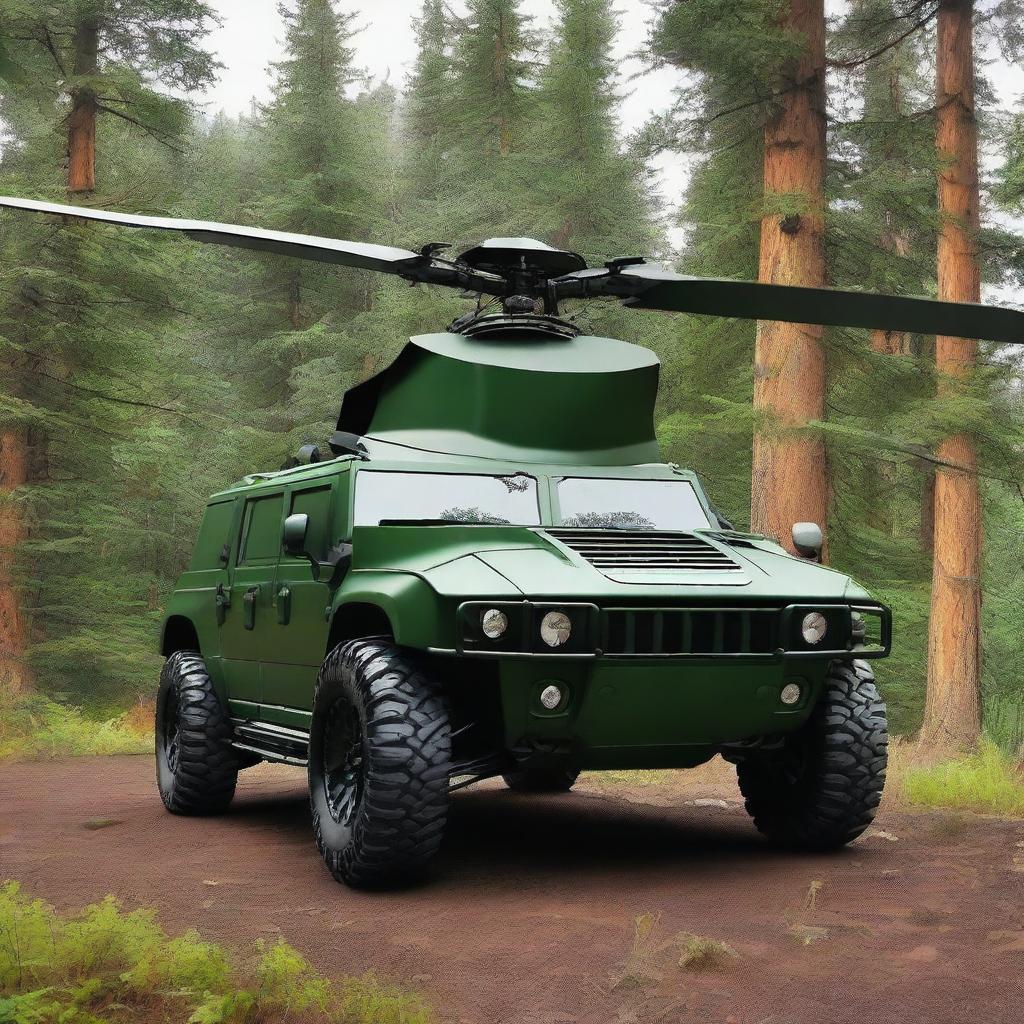 A unique vehicle that is a hybrid between a Hummer and a helicopter, painted in forest colors