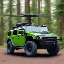 A unique vehicle that is a hybrid between a Hummer and a helicopter, painted in forest colors