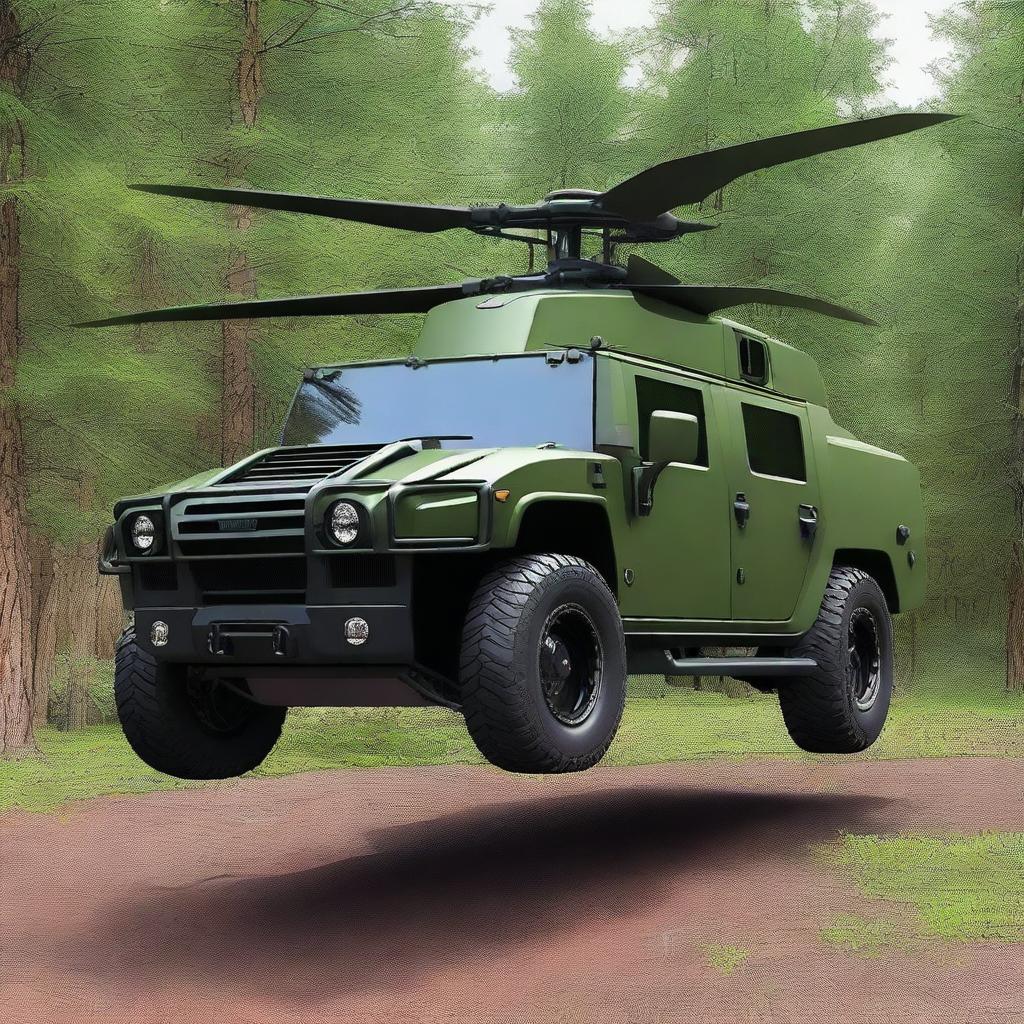 A unique vehicle that is a hybrid between a Hummer and a helicopter, painted in forest colors