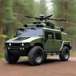 A unique vehicle that is a hybrid between a Hummer and a helicopter, painted in forest colors