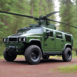 A unique vehicle that is a hybrid between a Hummer and a helicopter, painted in forest colors