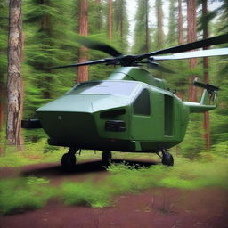 A unique vehicle that is a hybrid between a Hummer and a helicopter, painted in forest colors