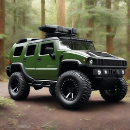 A unique vehicle that is a hybrid between a Hummer and a war jet, painted in forest colors