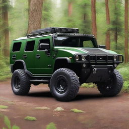 A unique vehicle that is a hybrid between a Hummer and a war jet, painted in forest colors