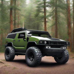 A unique vehicle that is a hybrid between a Hummer and a war jet, painted in forest colors