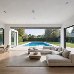 A living room with oak parquet flooring, white walls, beige sofas with grey cushions, and a suspended luminaire, overlooking a serene swimming pool.