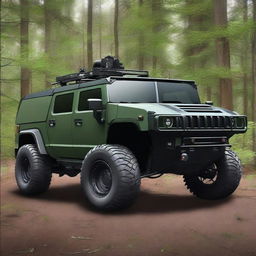 A unique vehicle that is a hybrid between a Hummer and a war jet, painted in forest colors