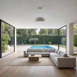 A living room with oak parquet flooring, white walls, beige sofas with grey cushions, and a suspended luminaire, overlooking a serene swimming pool.