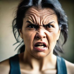 A close-up of an angry woman's face, showing intense hatred and fury