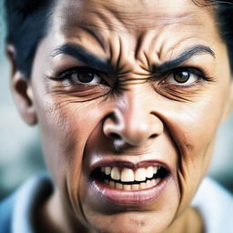 A close-up of an angry woman's face, showing intense hatred and fury