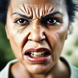 A close-up of an angry woman's face, showing intense hatred and fury