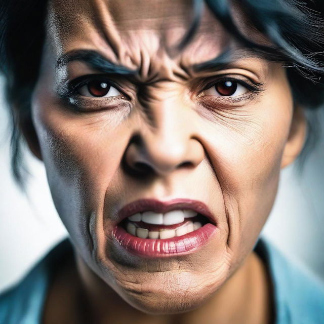 A close-up of an angry woman's face, showing intense hatred and fury