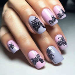 A nail art design featuring a light motorcycle theme on some nails and simple color on the rest