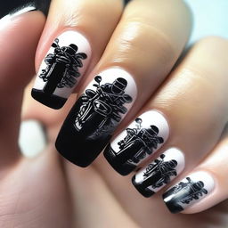 A nail art design featuring a light motorcycle theme on some nails and simple color on the rest