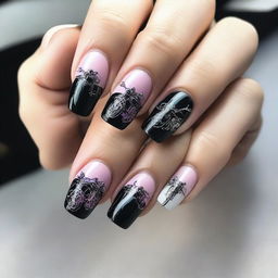 A nail art design featuring a light motorcycle theme on some nails and simple color on the rest