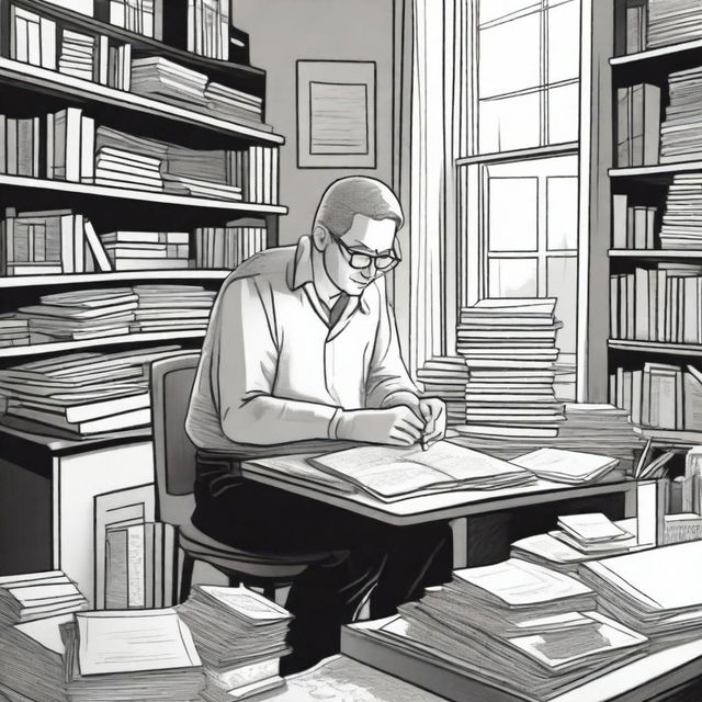 A black and white illustration of Gregg Olsen writing at a desk, surrounded by books and papers