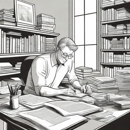 A black and white illustration of Gregg Olsen writing at a desk, surrounded by books and papers