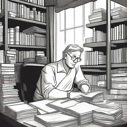 A black and white illustration of Gregg Olsen writing at a desk, surrounded by books and papers