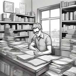 A black and white illustration of Gregg Olsen writing at a desk, surrounded by books and papers