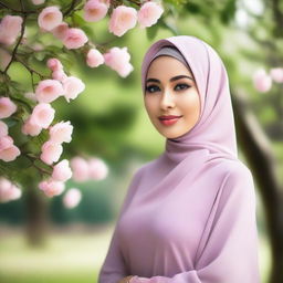 A beautiful woman wearing a hijab, with a serene and confident expression, standing in a peaceful outdoor setting with a soft background of trees and flowers