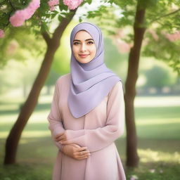 A beautiful woman wearing a hijab, with a serene and confident expression, standing in a peaceful outdoor setting with a soft background of trees and flowers