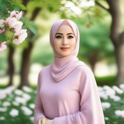 A beautiful woman wearing a hijab, with a serene and confident expression, standing in a peaceful outdoor setting with a soft background of trees and flowers