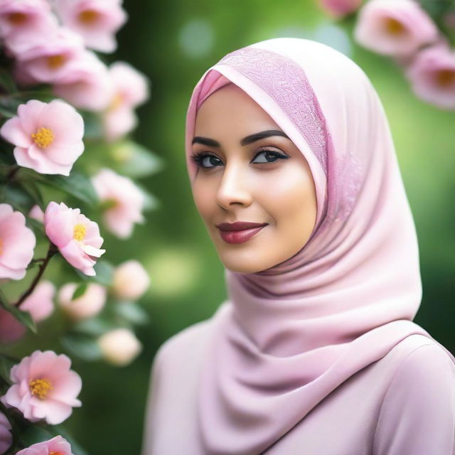 A beautiful woman wearing a hijab, with a serene and confident expression, standing in a peaceful outdoor setting with a soft background of trees and flowers