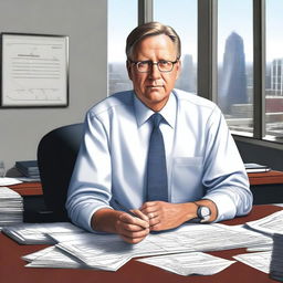 A detailed and realistic depiction of Gregg Olsen in a modern office setting