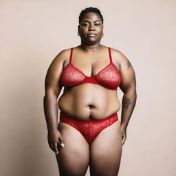 A man dressed in red lace bra and panties, standing confidently