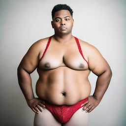 A man dressed in red lace bra and panties, standing confidently