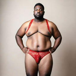 A man dressed in red lace bra and panties, standing confidently