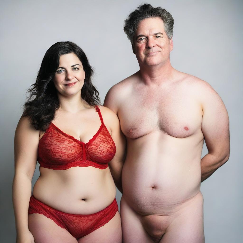 A slim white man wearing a red lace bra and panties, standing confidently