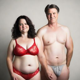 A slim white man wearing a red lace bra and panties, standing confidently