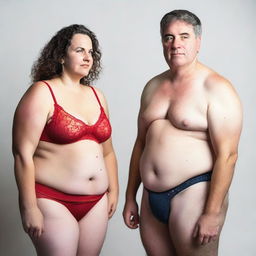 A slim white man wearing a red lace bra and panties, standing confidently