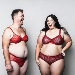 A slim white man wearing a red lace bra and panties, standing confidently